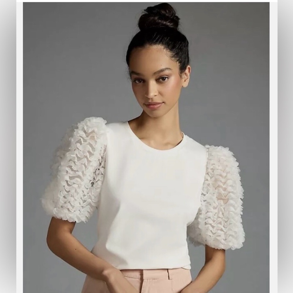 Elegant White Puff Sleeve Tee, from Anthropologie, size XL